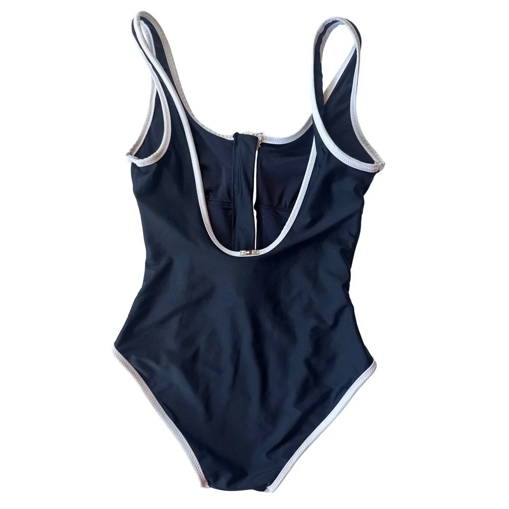 Tommy Hilfiger Swimsuit One Piece Womens XS Navy Blue Front Zip Scoop Back